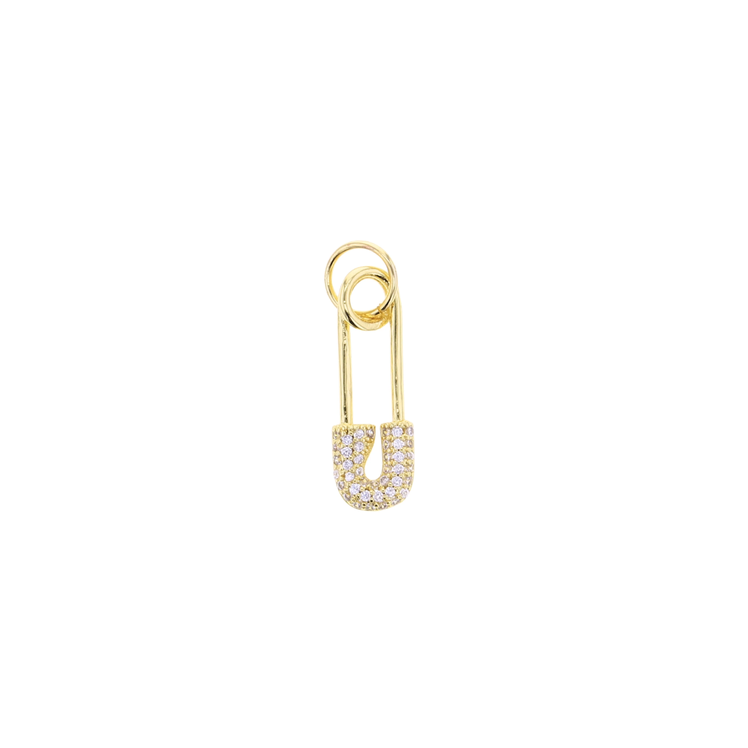 Gold diaper pin charm with CZ stone front and circular clasp ring