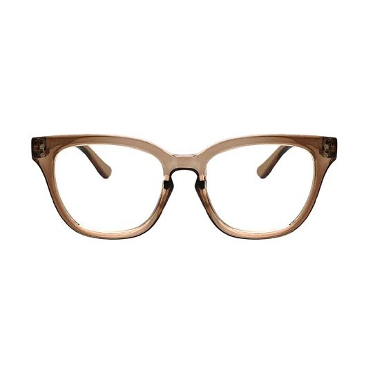 Brown eyeglasses with round-square frames and clear lenses
