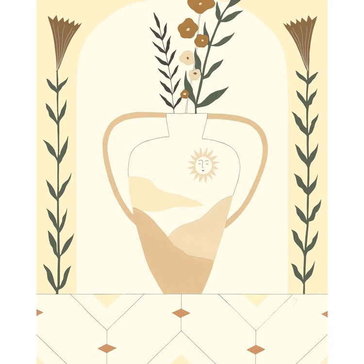 Abstract floral wall art print with hands holding vase and sun icon, beige tones
