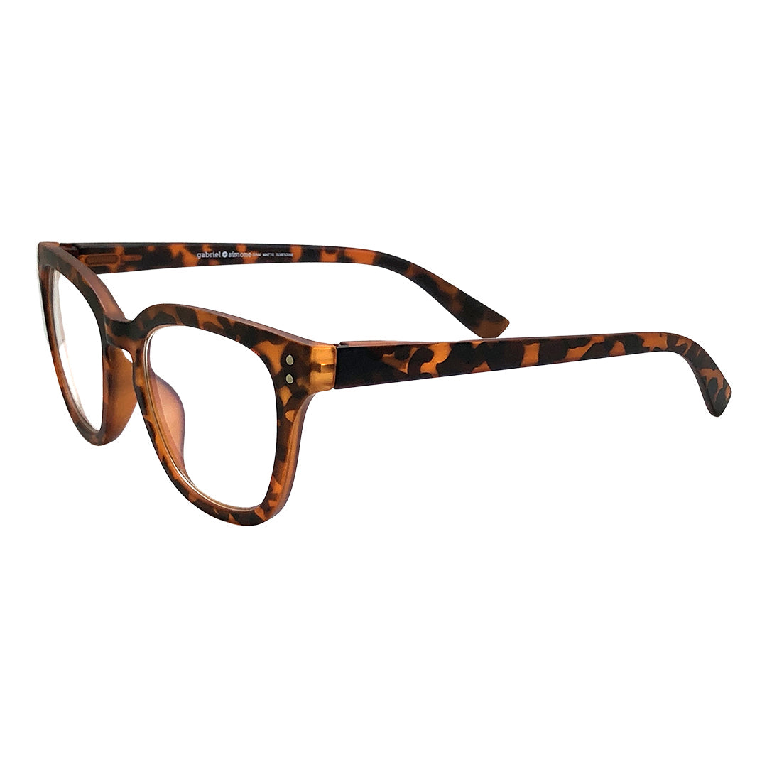 Rectangular tortoise-pattern eyeglasses with dark brown full-rim frame and temples