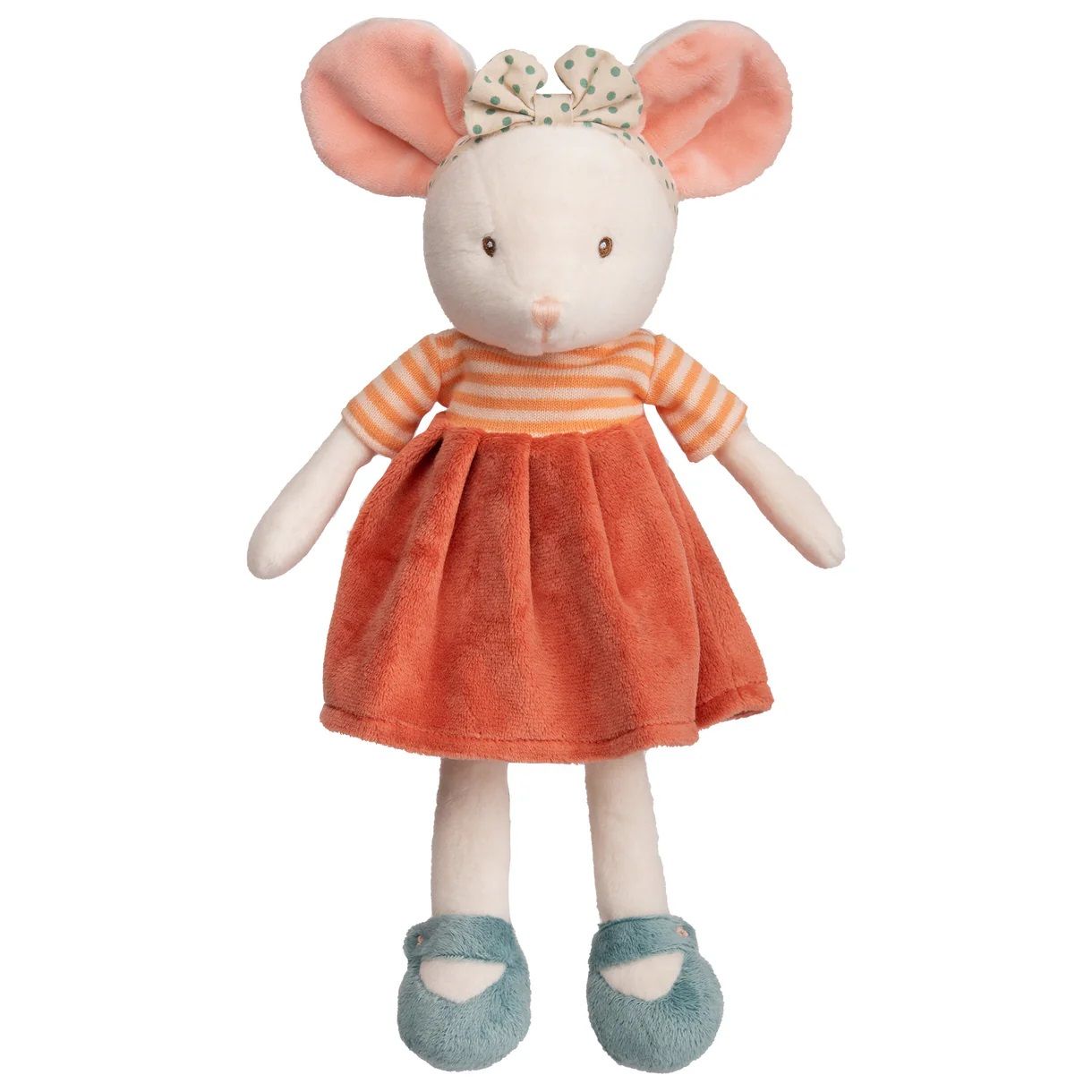 Light gray mouse plush with pink ears, orange striped bodice, full skirt, blue slippers