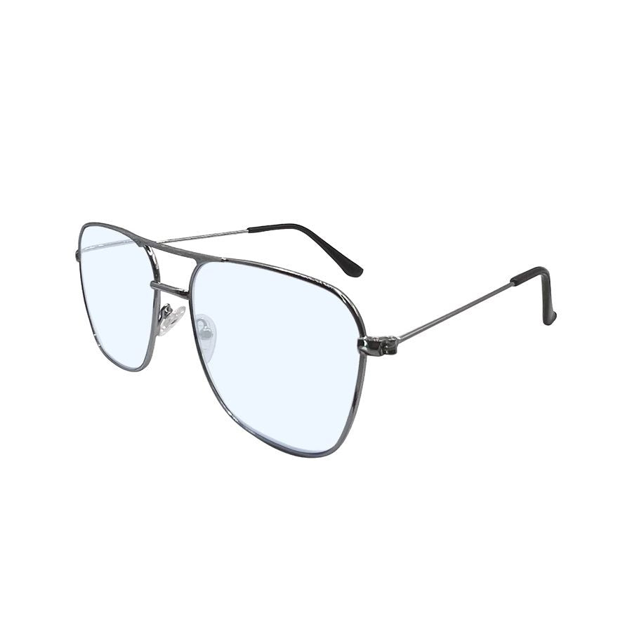 Silver metal eyeglasses with angular frame and light-blue tinted lenses.