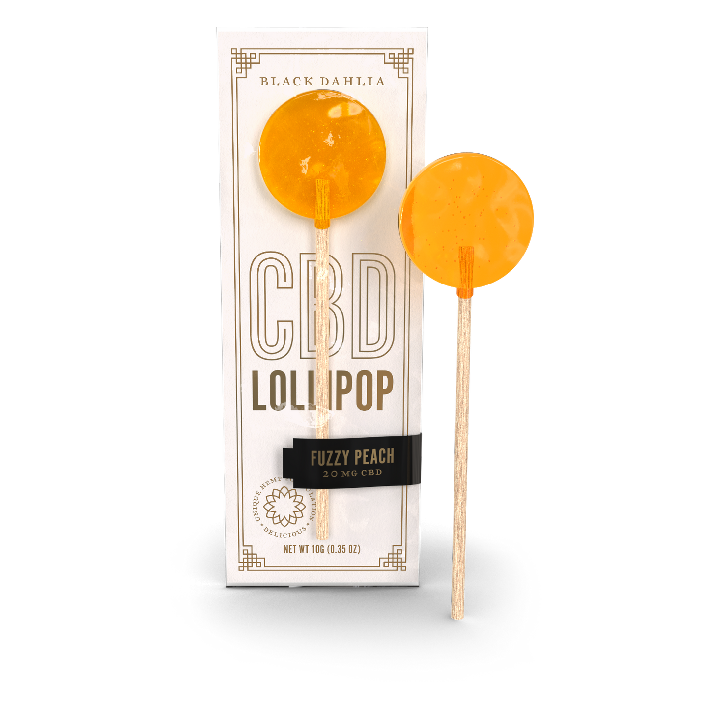 Orange Fuzzy Peach CBD lollipop with stick, shown with retail box (20 mg CBD)