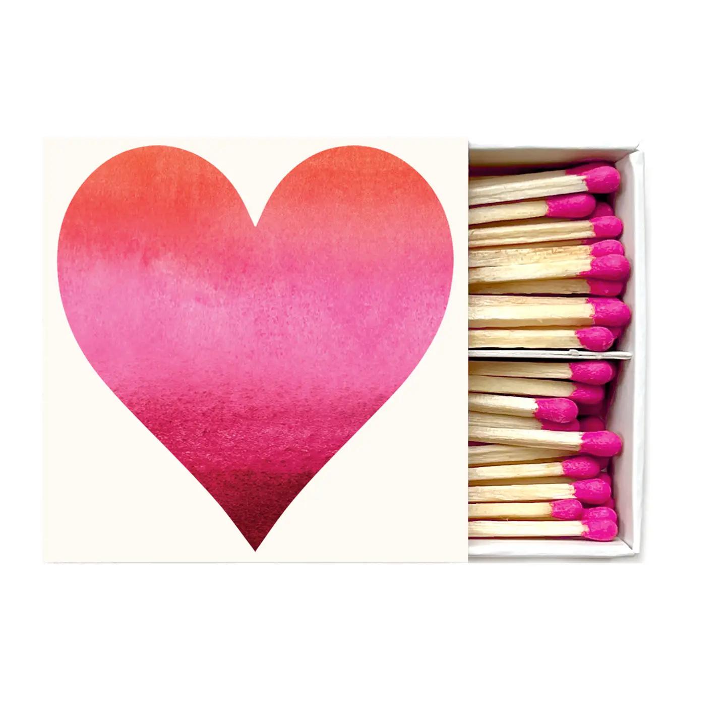 Big heart matches box with pink heart print and pink-headed wooden matches