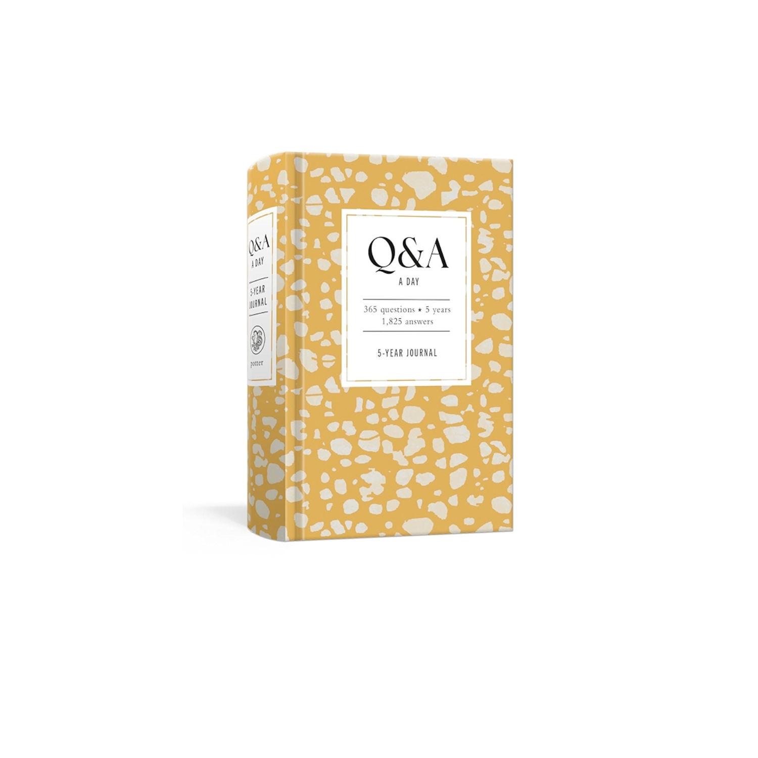 Spots 5-year journal with Q&A cover, mustard yellow pattern and white label
