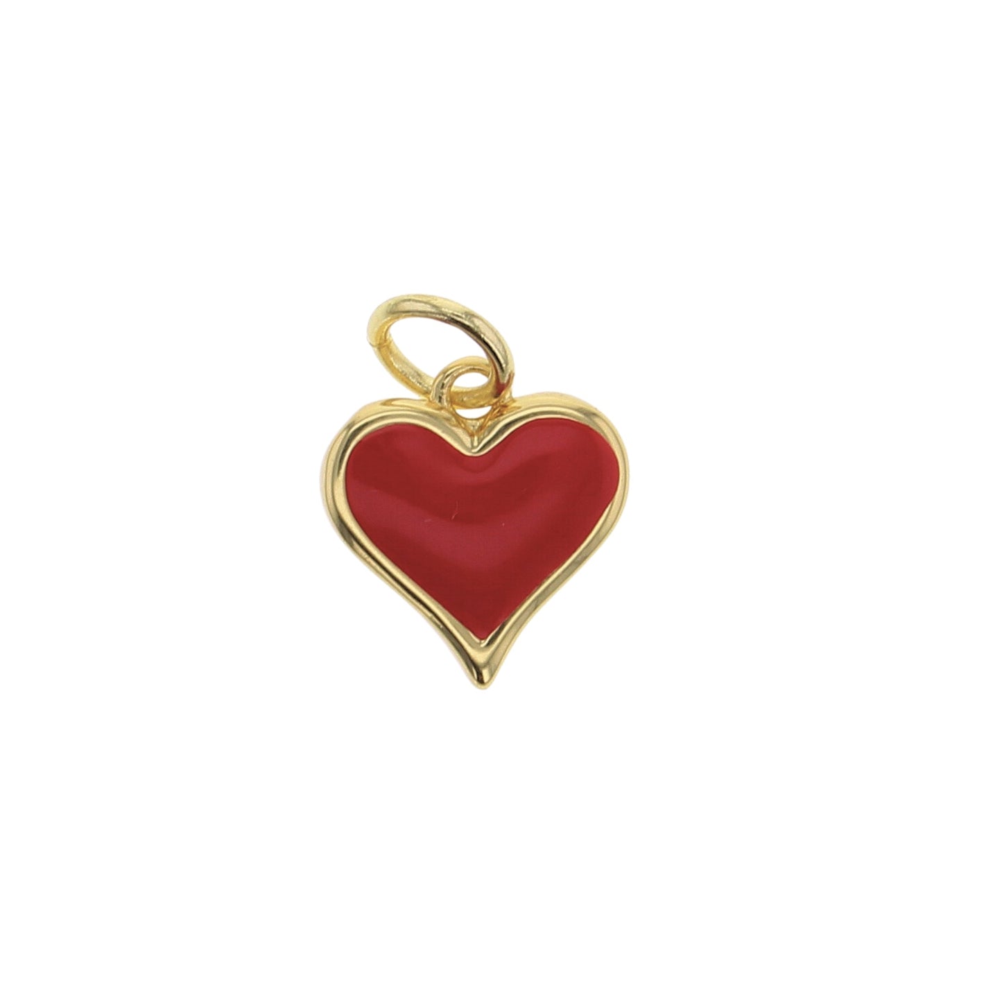 Heart-shaped charm with red enamel center, gold edge, and hanging loop