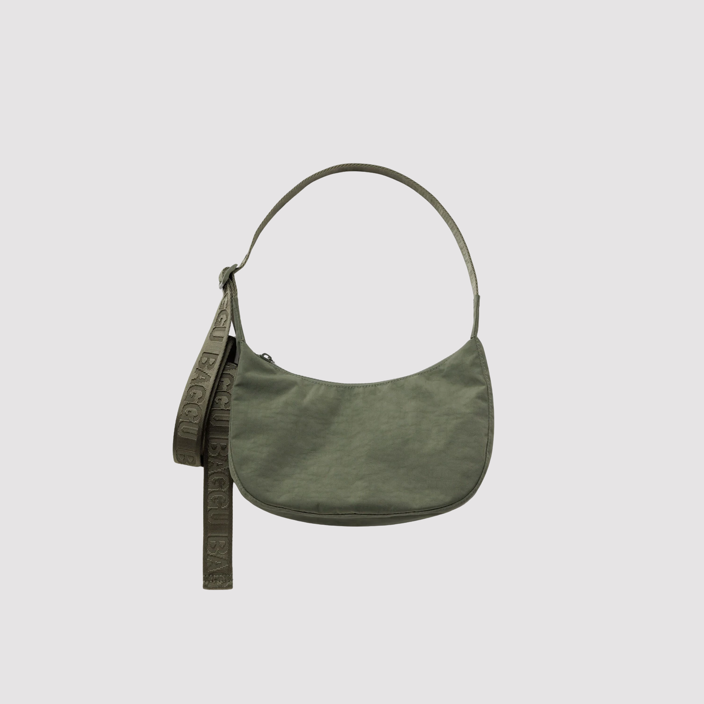 Small nylon crescent bag, olive green with wrist strap and zip pocket
