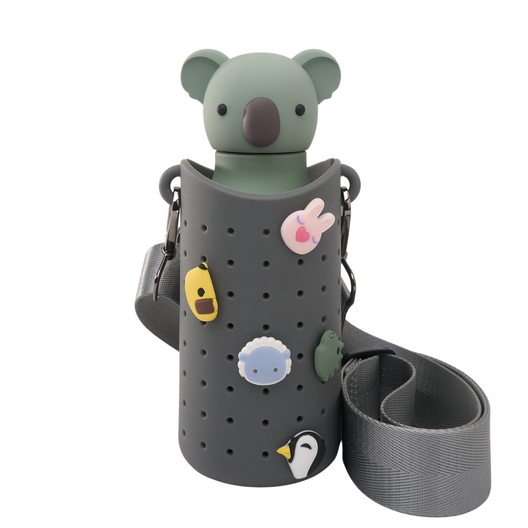 Koala-themed green sling bag with perforated body, animal patches and gray strap