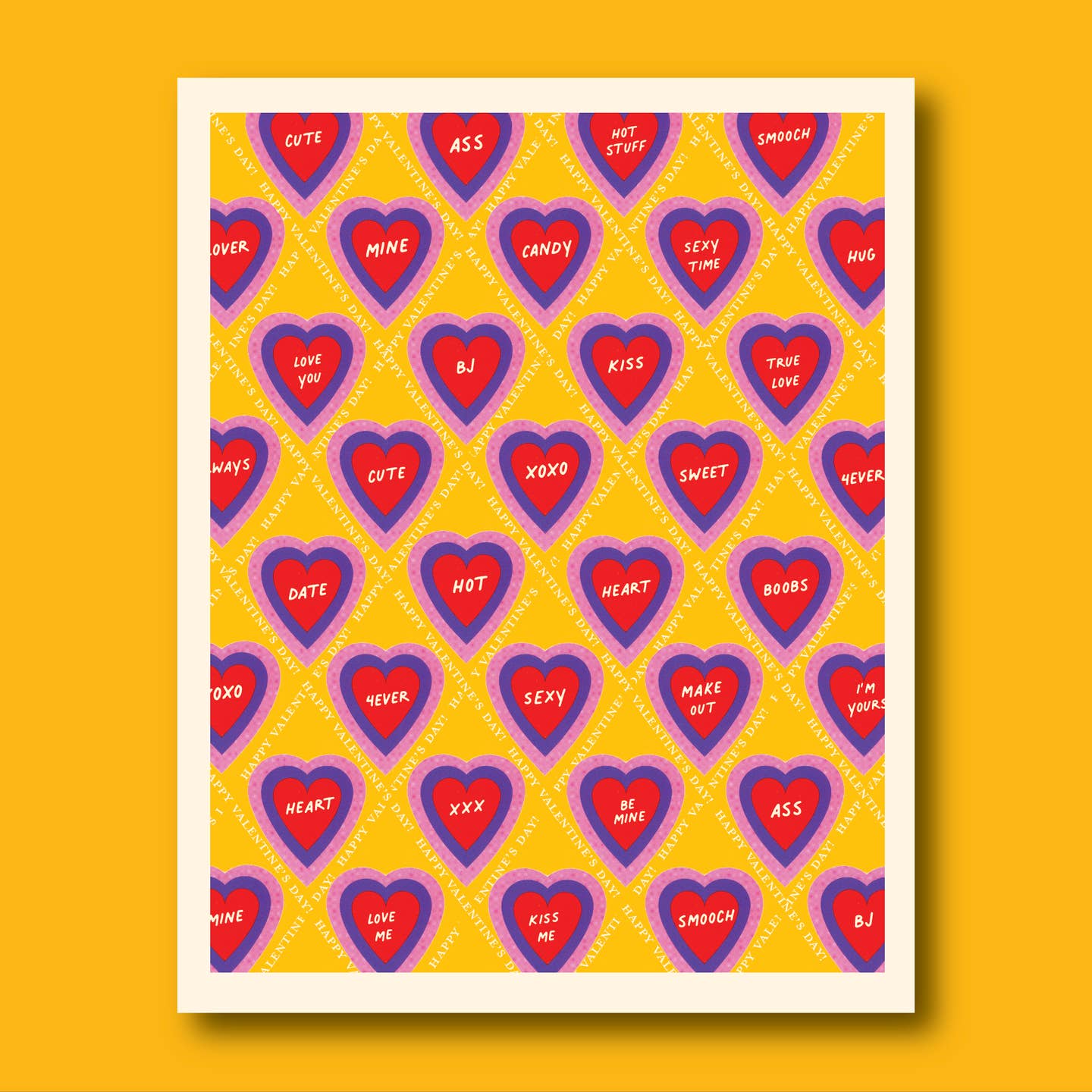 Valentine's greeting card with colorful heart message icons on yellow background