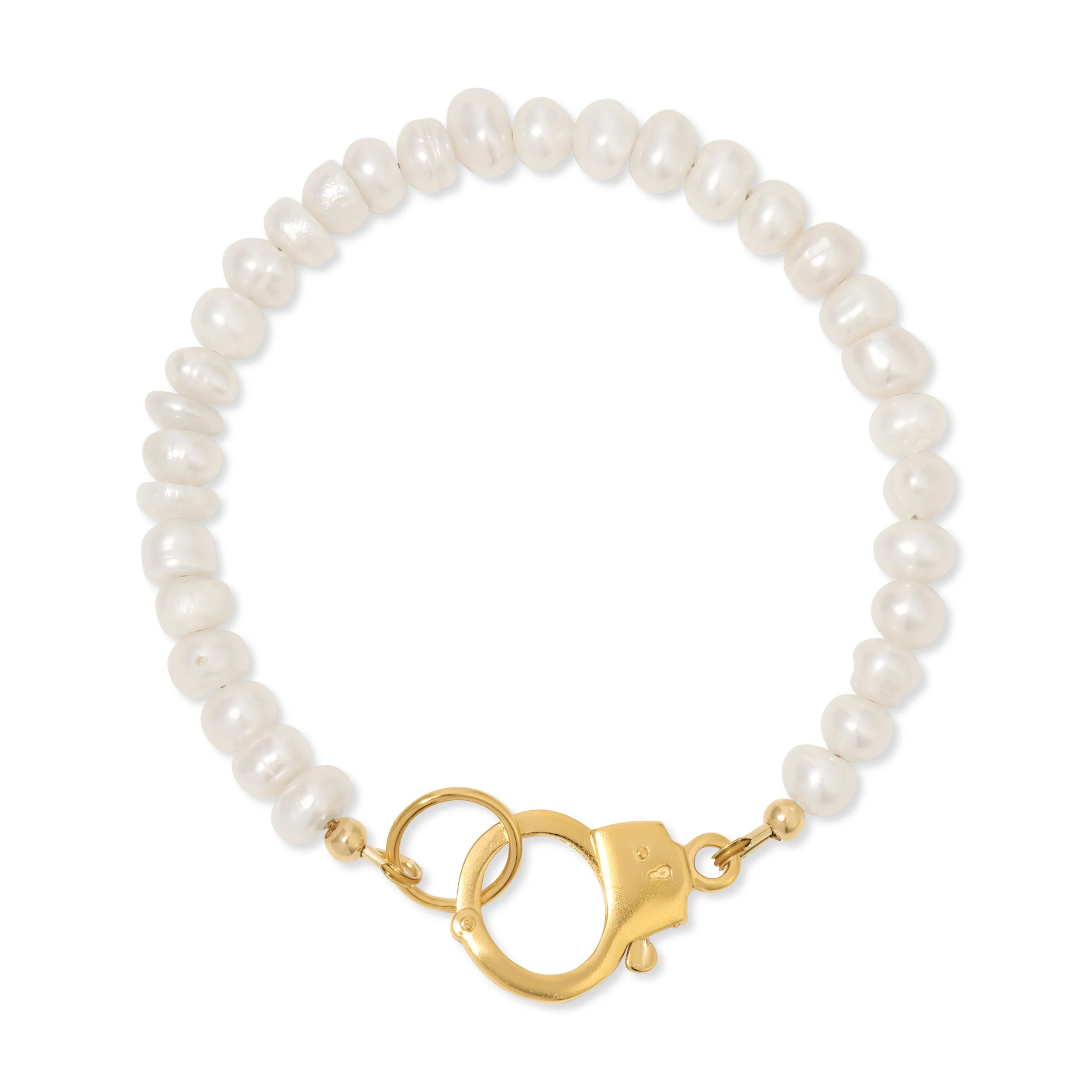 Pearl beaded bracelet with gold-tone circular clasp and hamsa charm