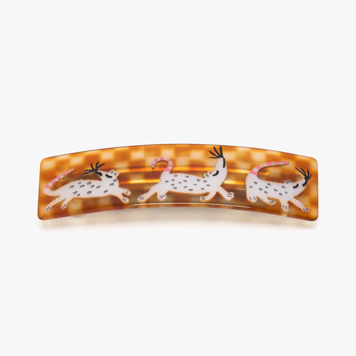 Amber translucent French barrette featuring three mice with curled tails and pink bows
