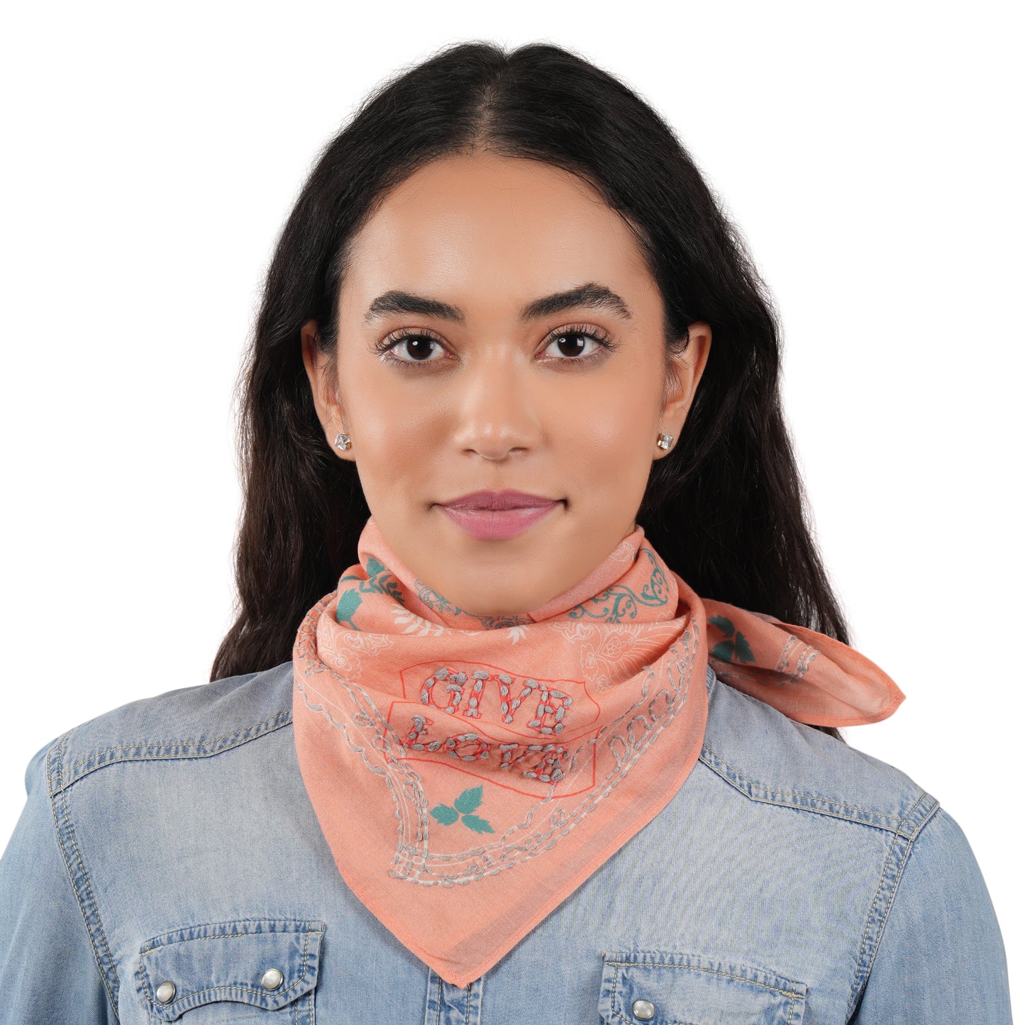 Coral embroidered bandana scarf with decorative border and paisley motif