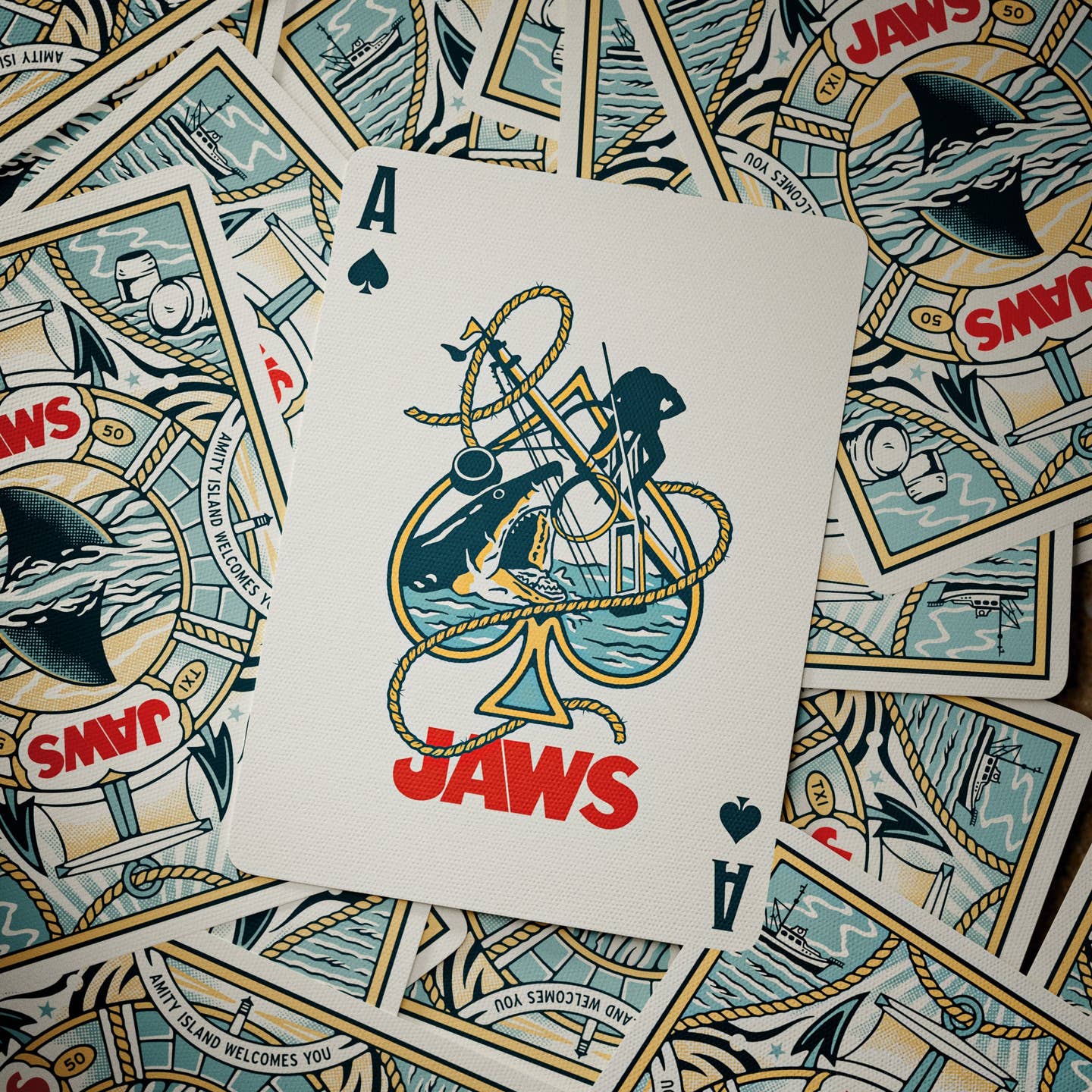 Jaws-themed playing card featuring the Ace of spades and a shark mascot illustration