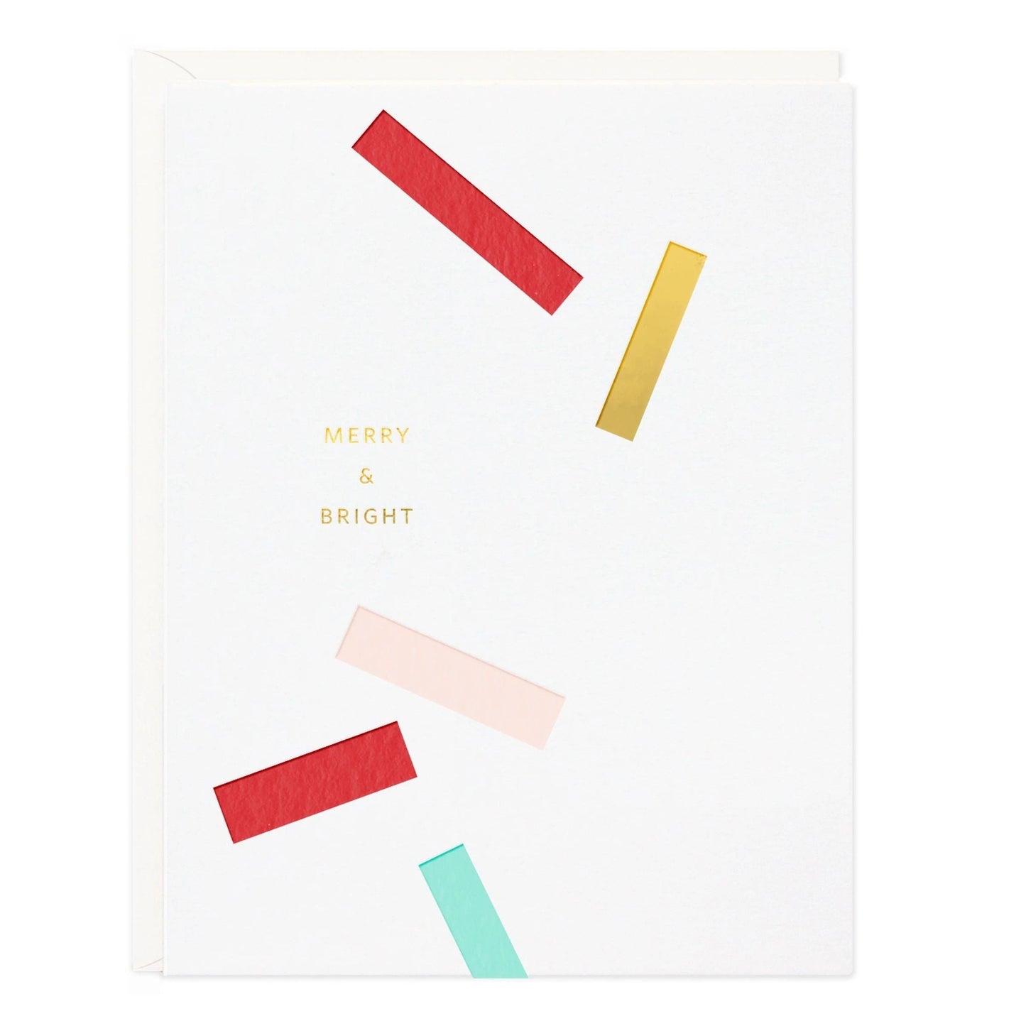 Holiday confetti greeting card, white with red, gold, mint ribbon-like strips and 'MERRY & BRIGHT'.