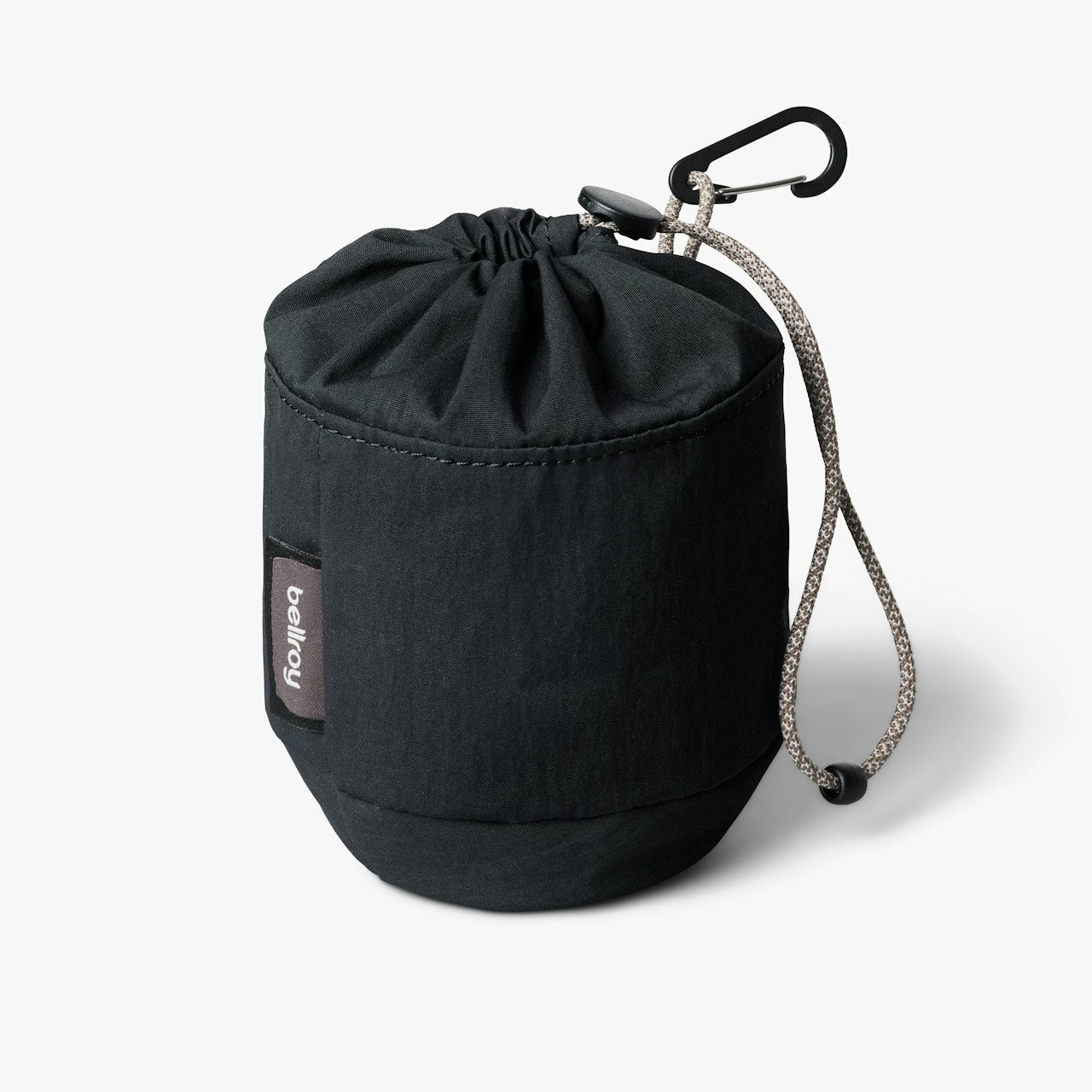 Black cinch drawstring pouch with carabiner clip and braided rope drawcord