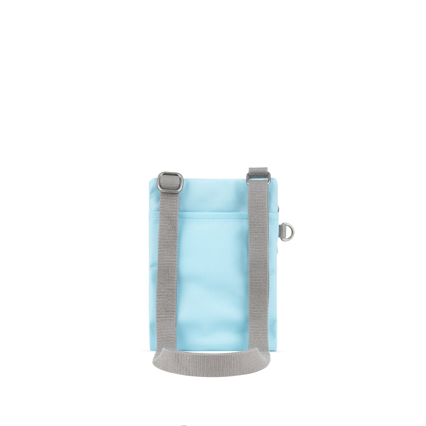 Light blue crossbody bag with gray straps and back panel detail, small size
