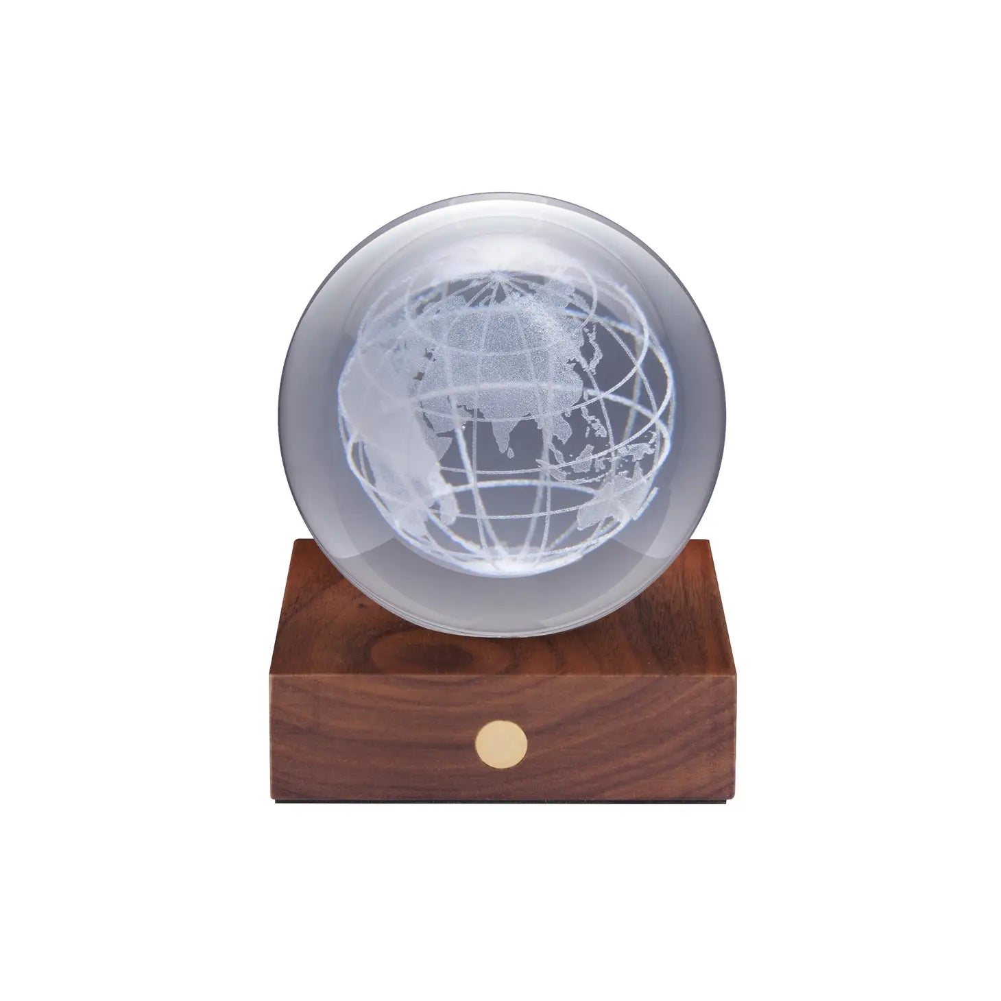 Globe crystal night light on wooden base with white interior glow