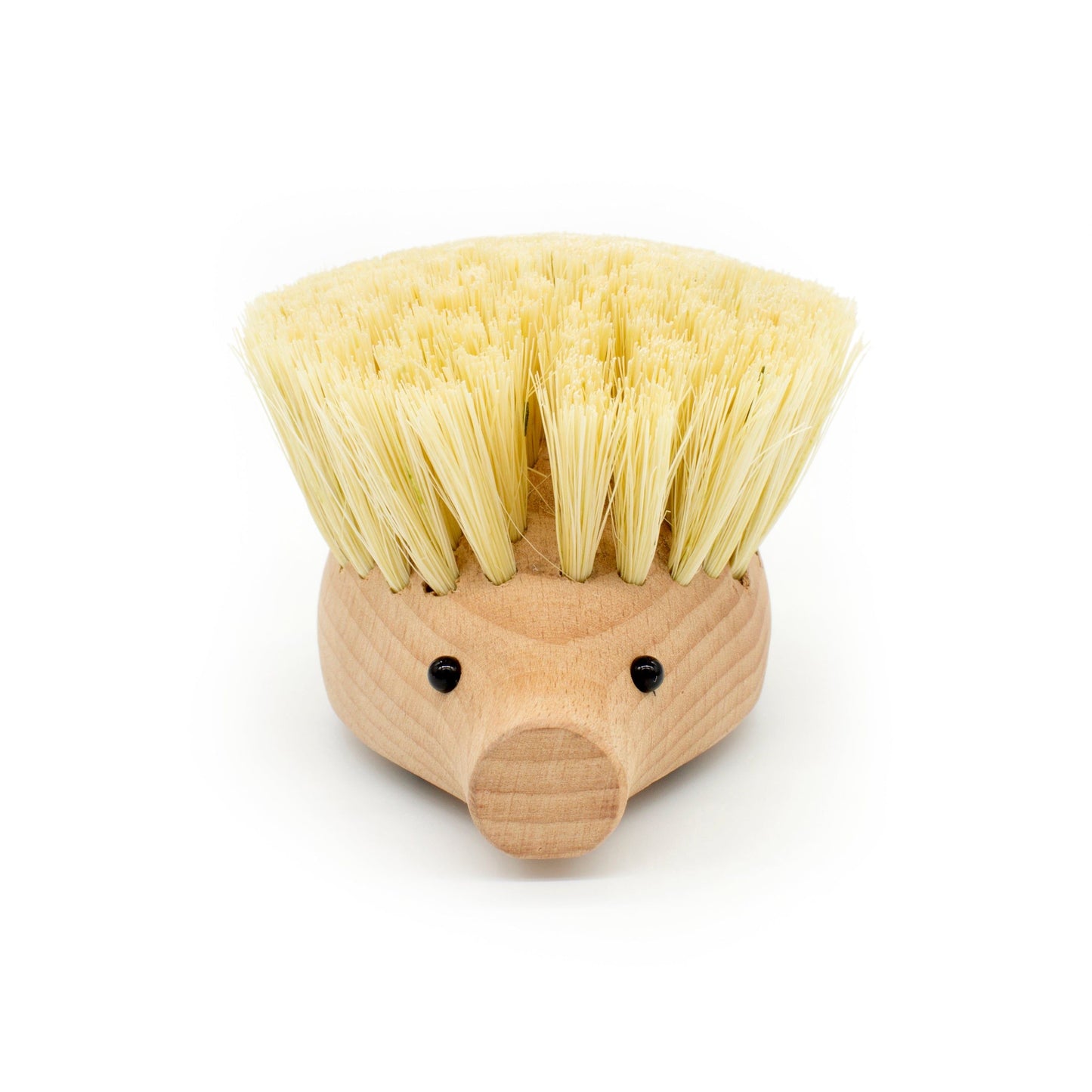 Hedgehog-shaped dish scrubber with light wood body and beige bristle head