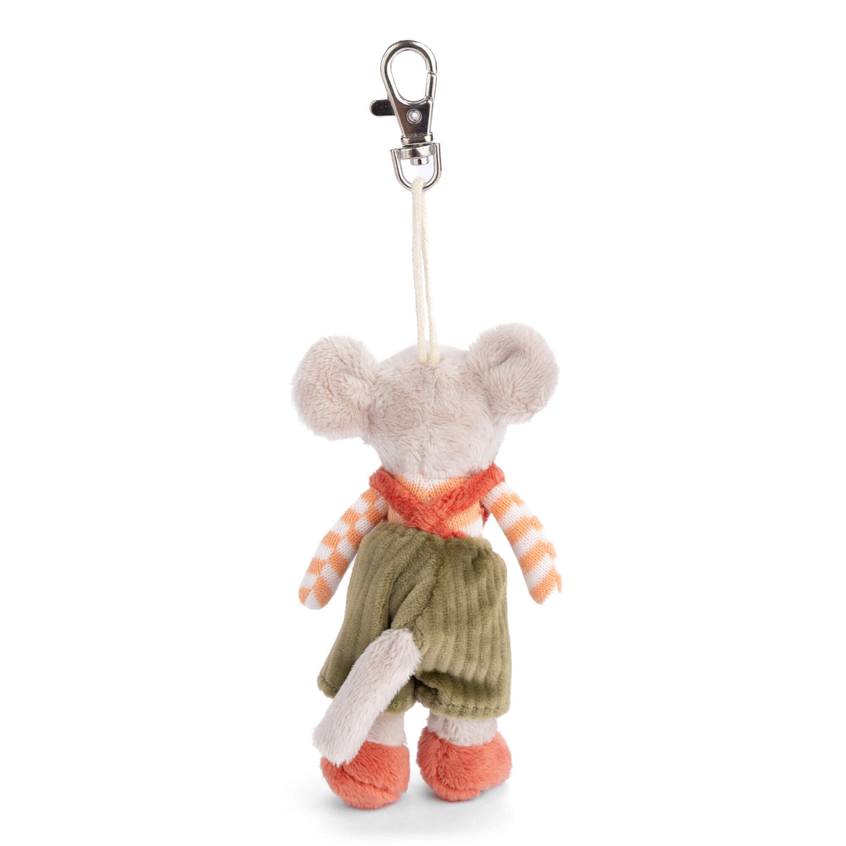 Plush mouse bag charm with metal clasp, orange scarf, olive knit pants, orange feet