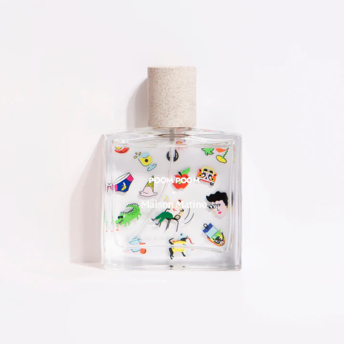Clear eau de parfum bottle with cork stopper and colorful character illustrations