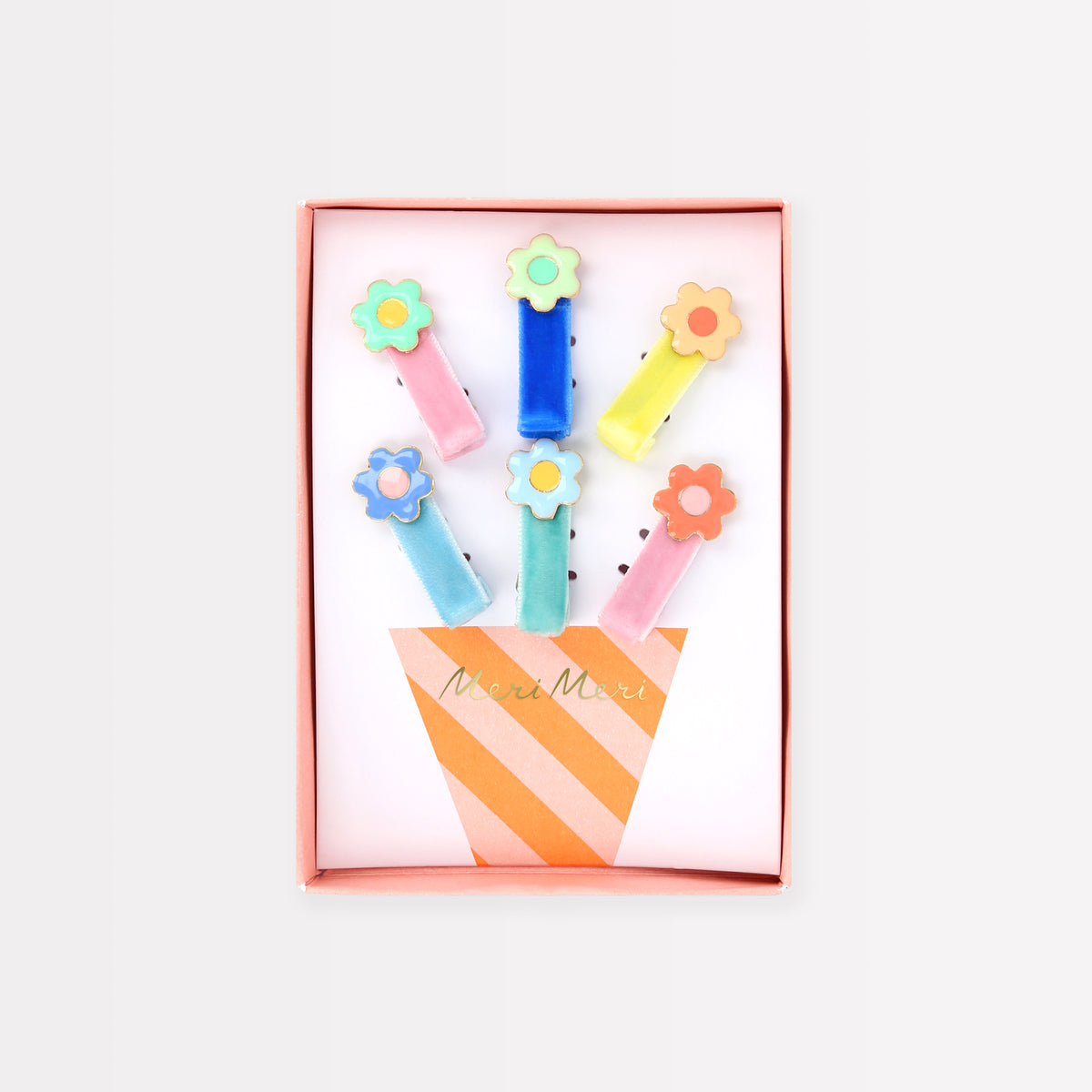 Enamel flower hair clip set in pastel colors, in gift box.