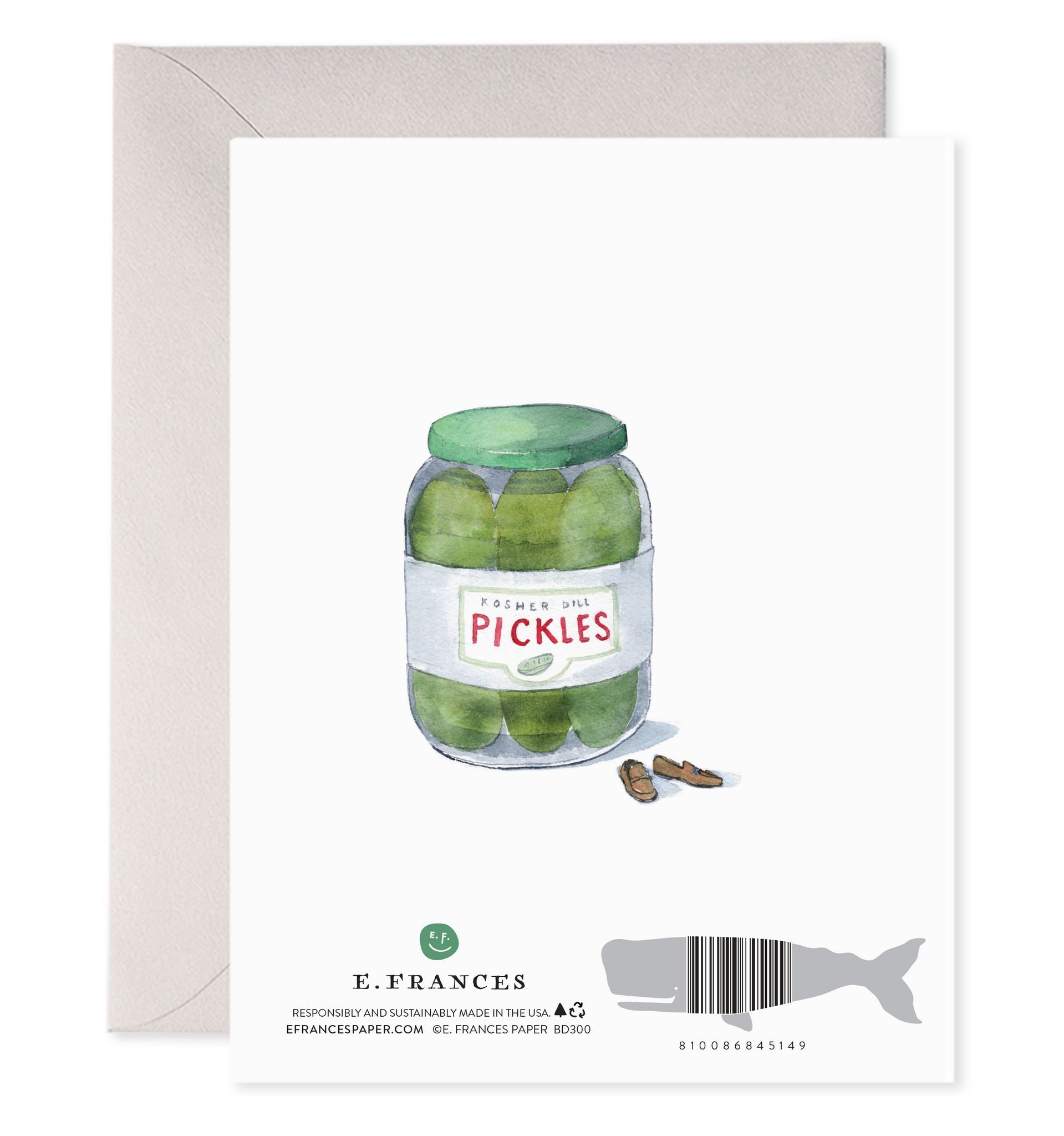 Birthday greeting card with jar of green pickles and small pickle pieces
