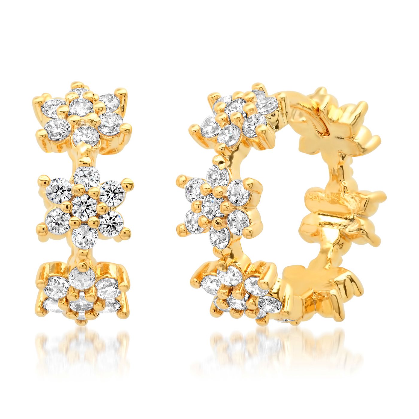 Gold-tone CZ huggie hoop earrings with clustered round clear stones in floral pattern