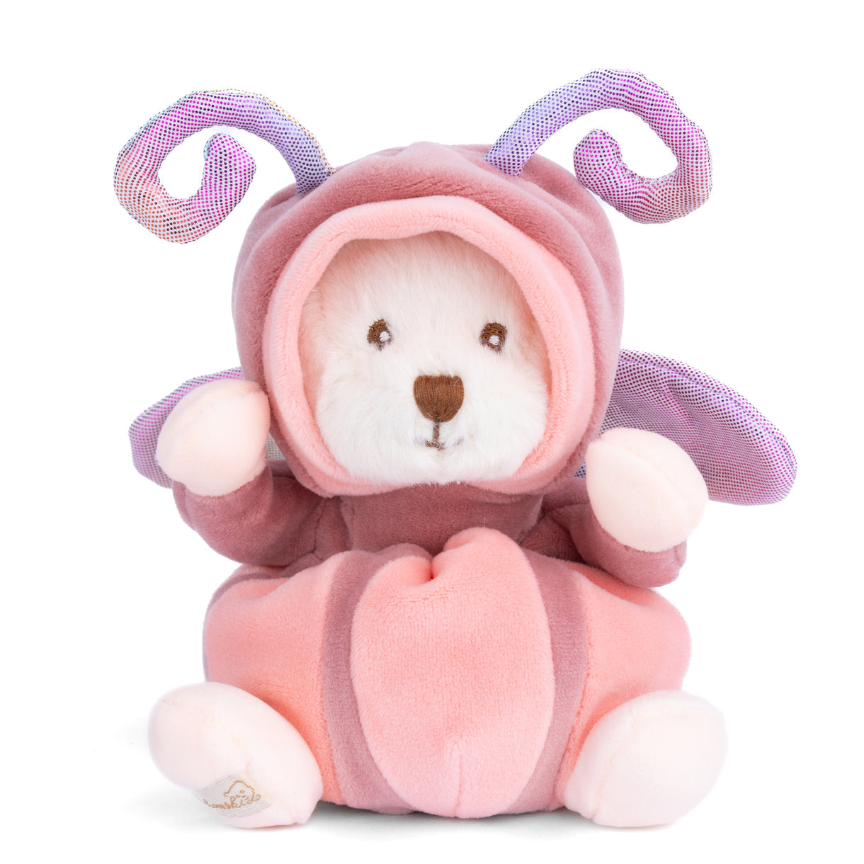 Plush teddy bear with pink hood, white face, and small embroidered eyes
