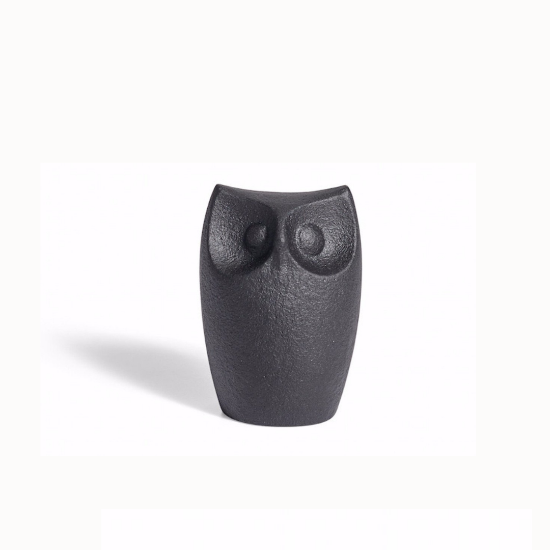 Cast iron horned owl figurine with textured dark finish, rounded body and carved eyes