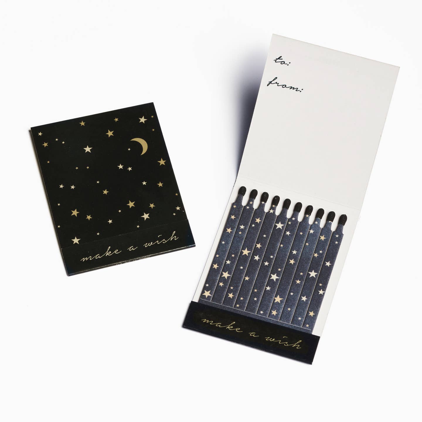 Starry match card with crescent moon and gold 'make a wish' text