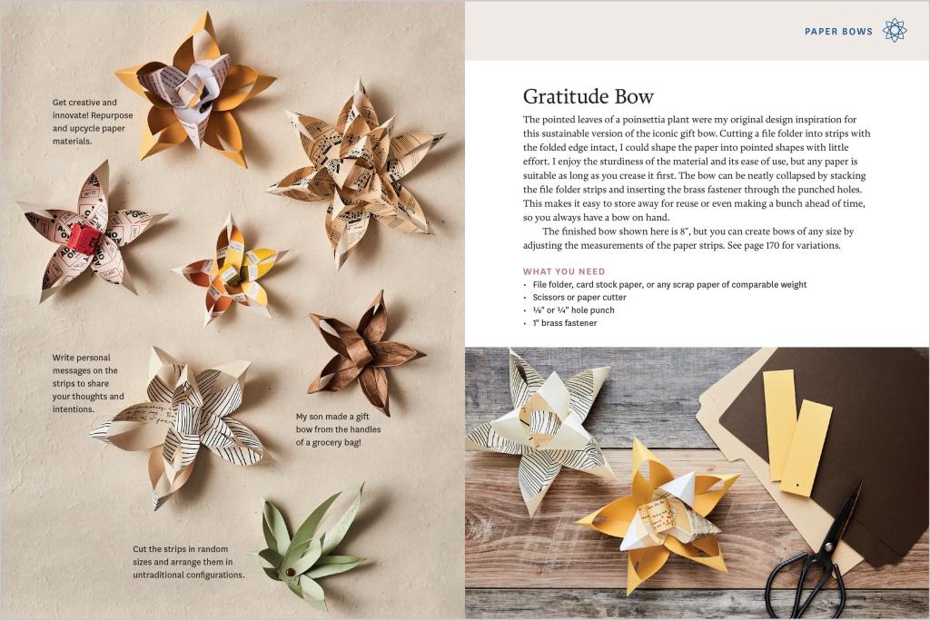 Open book page featuring multiple paper bows and a “Gratitude Bow” instruction layout