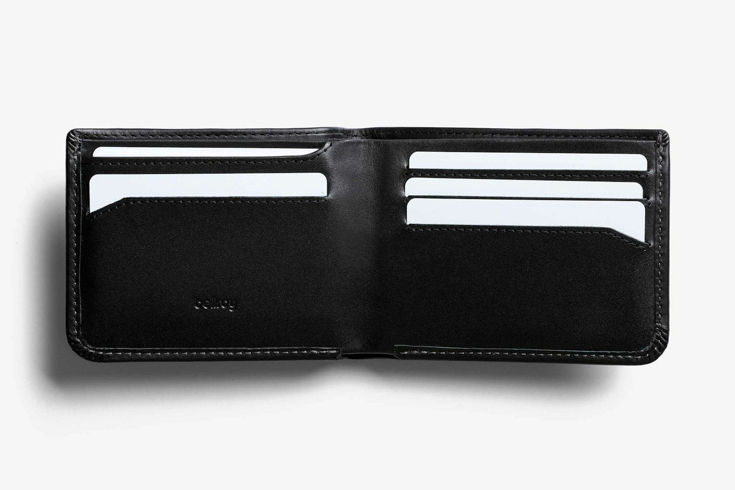 Black leather wallet open view with card slots and inner bill compartment