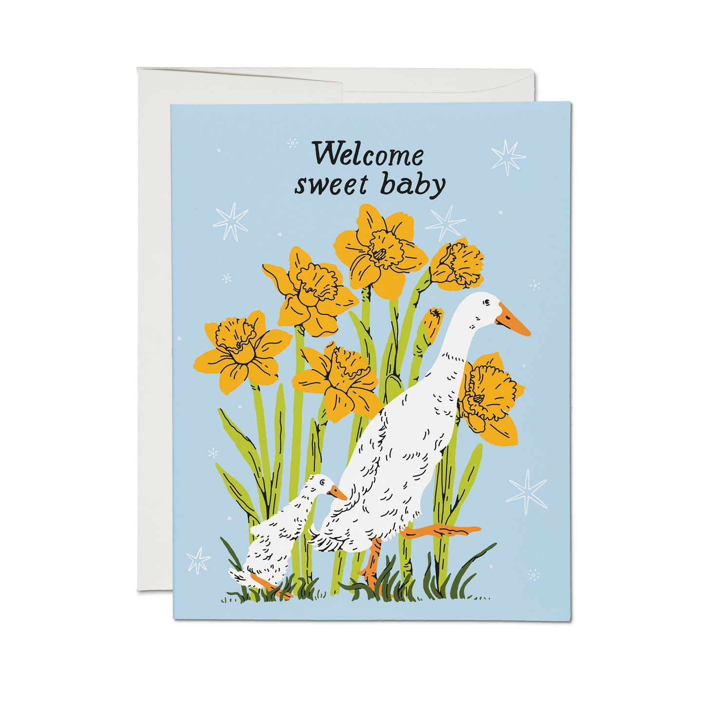 Baby goose greeting card: 'Welcome sweet baby' with white geese and yellow flowers