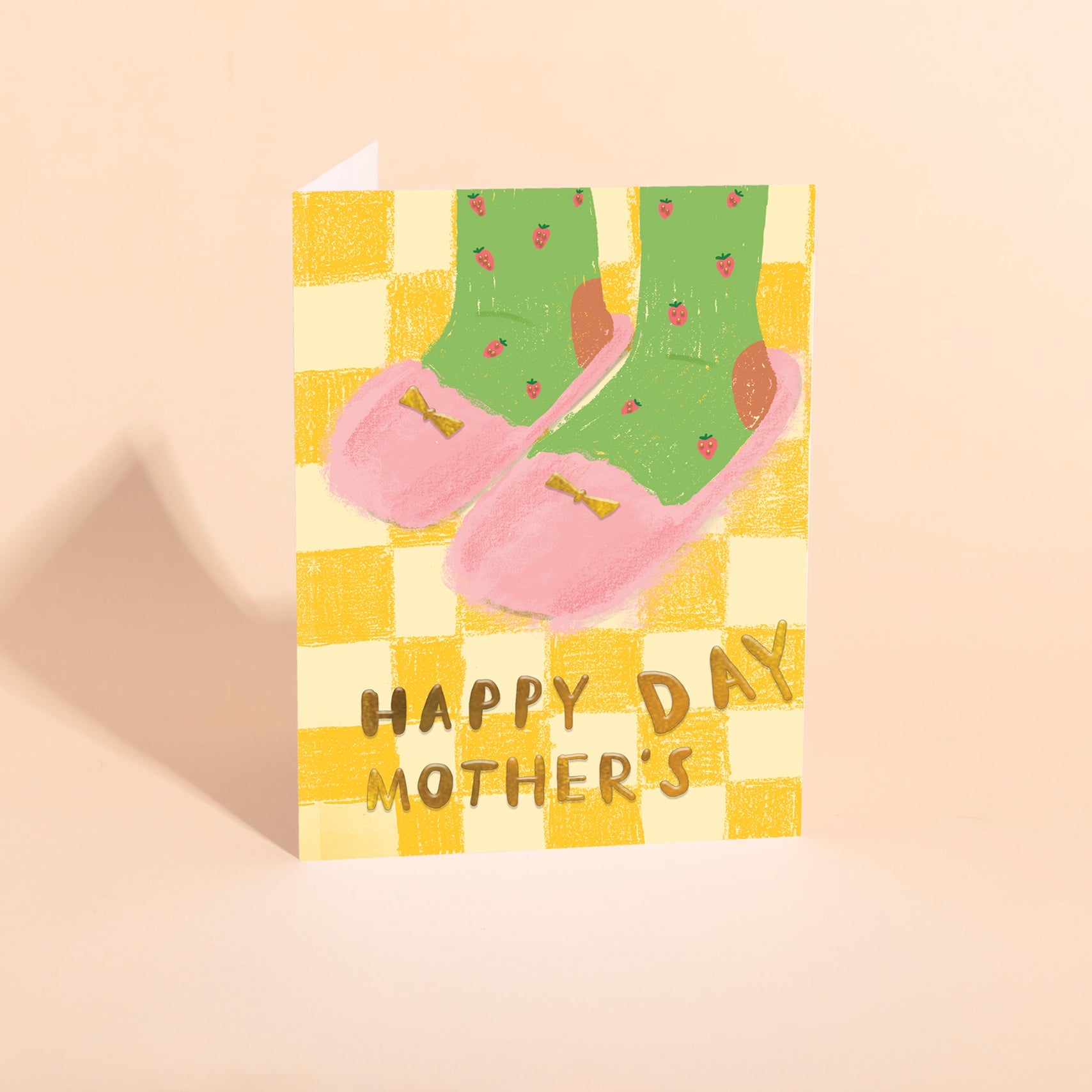 Mother's Day greeting card with pink slippers illustration and green strawberry pattern