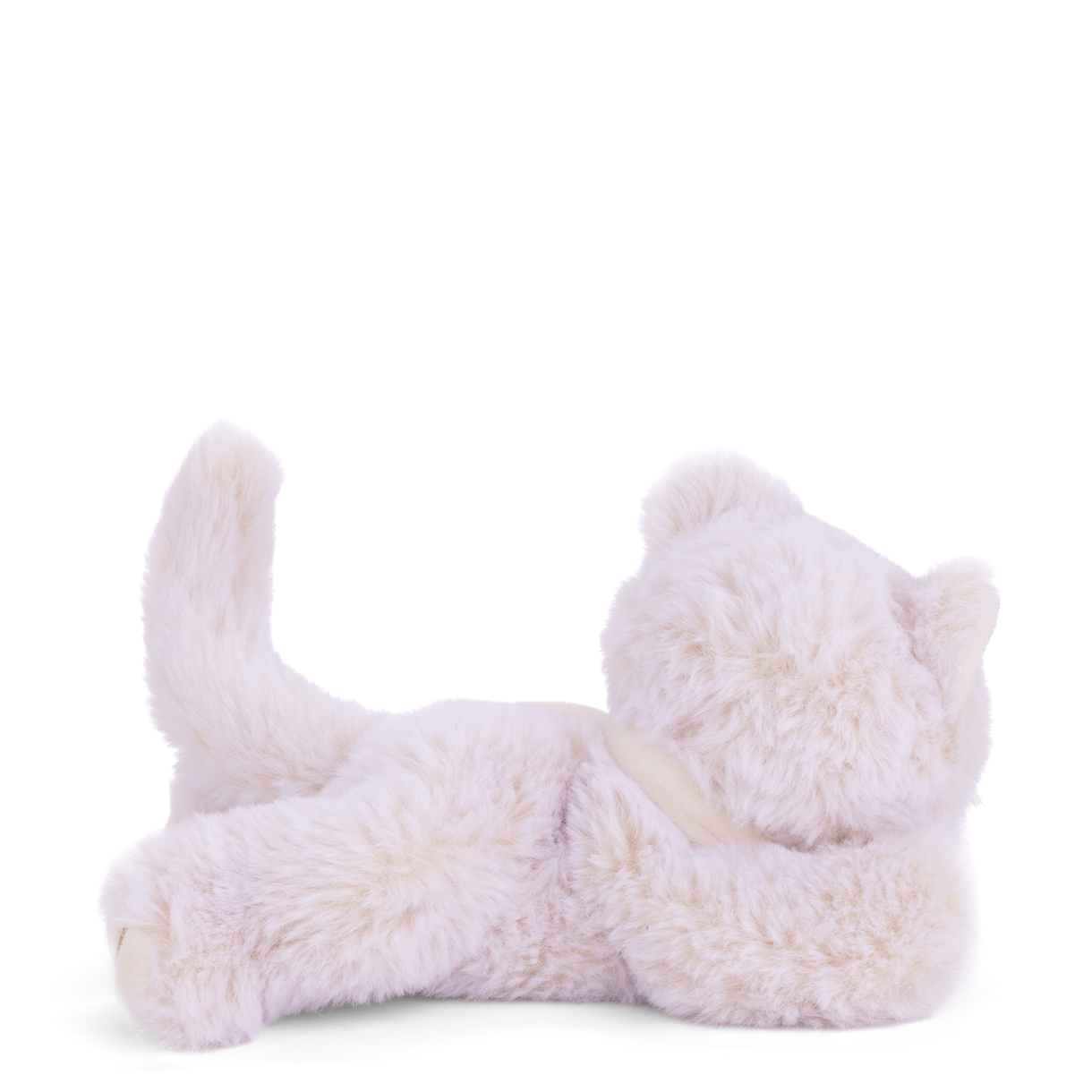 White plush cat lying stretched out with one paw raised and curled tail