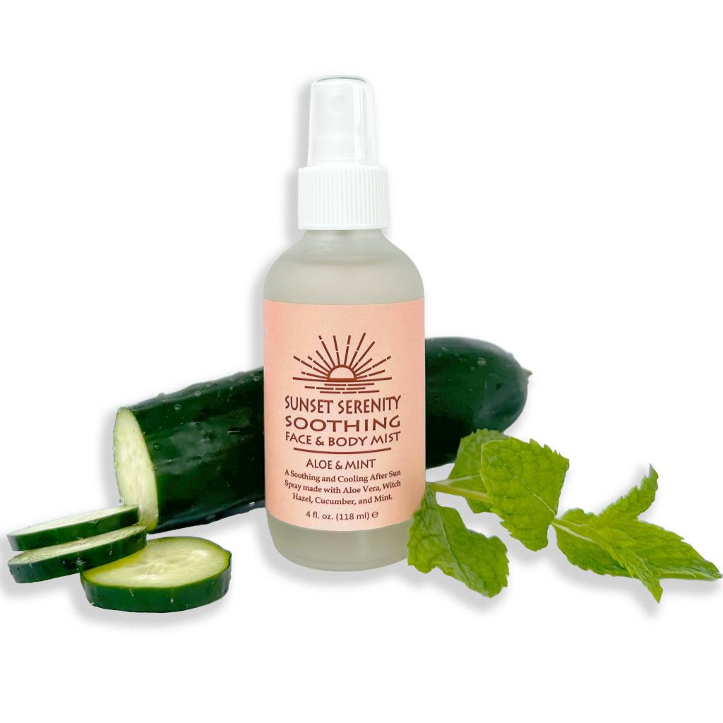 Soothing face & body mist bottle with spray, aloe & mint, with aloe slices and mint leaves