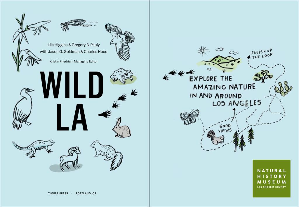 Open Wild LA booklet spread with animal silhouettes and Los Angeles nature map