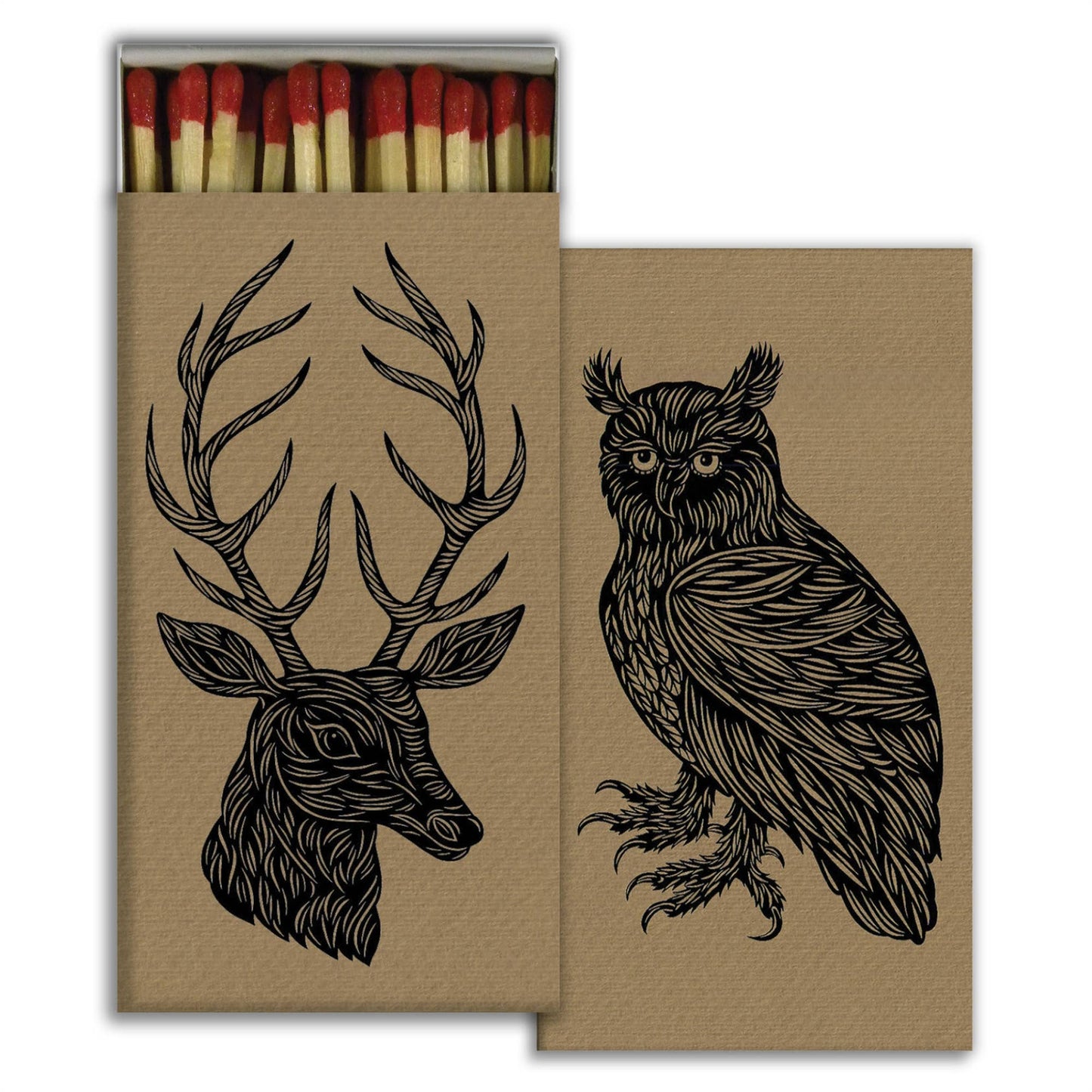 Long match set by Patch NYC, kraft boxes with deer and owl woodland graphics