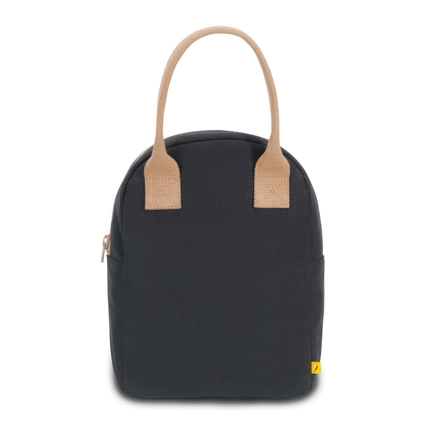 Zipper lunch bag in dark color with beige handles and side zipper pocket