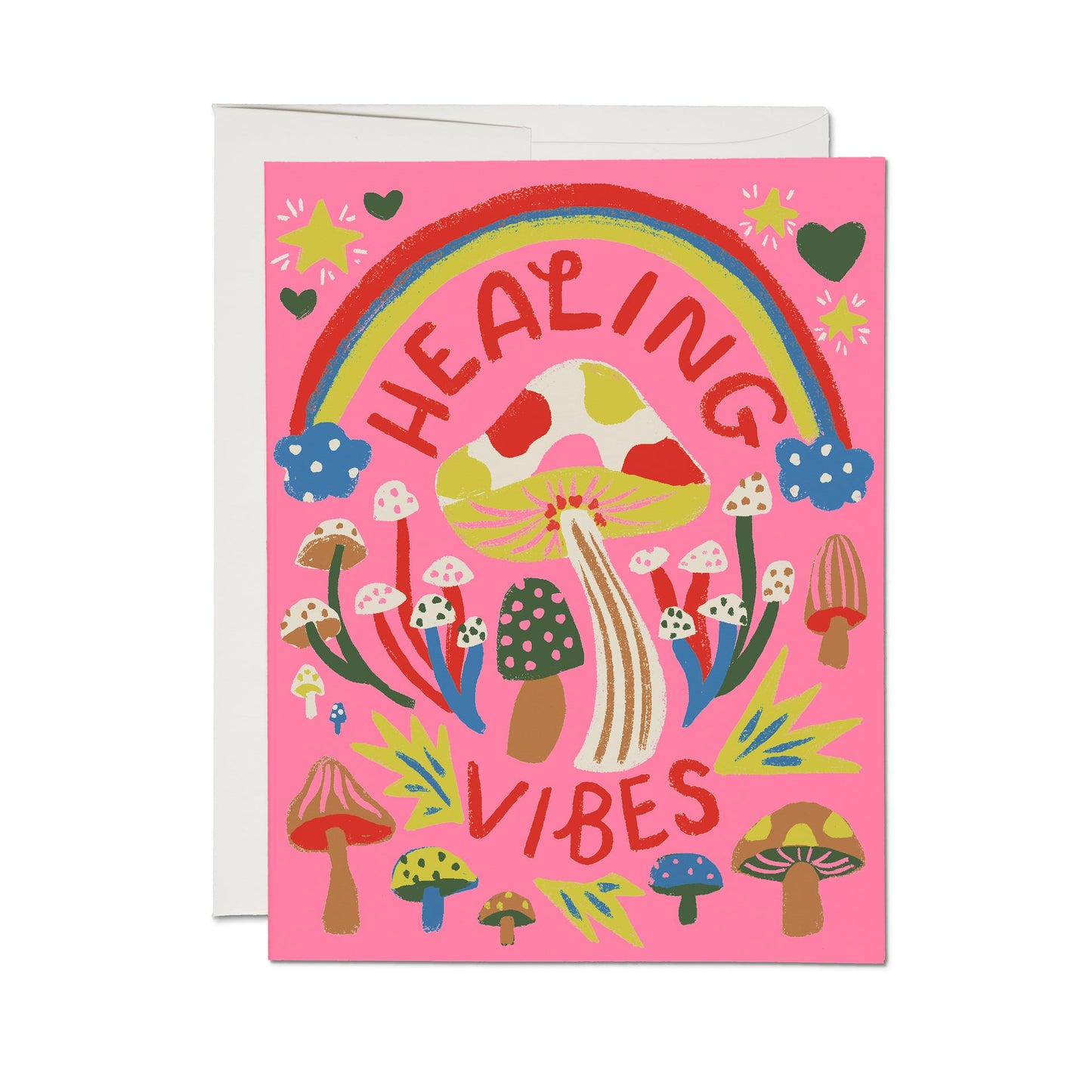 Greeting card with pink front, rainbow, mushrooms, hearts, and “Healing Vibes” text