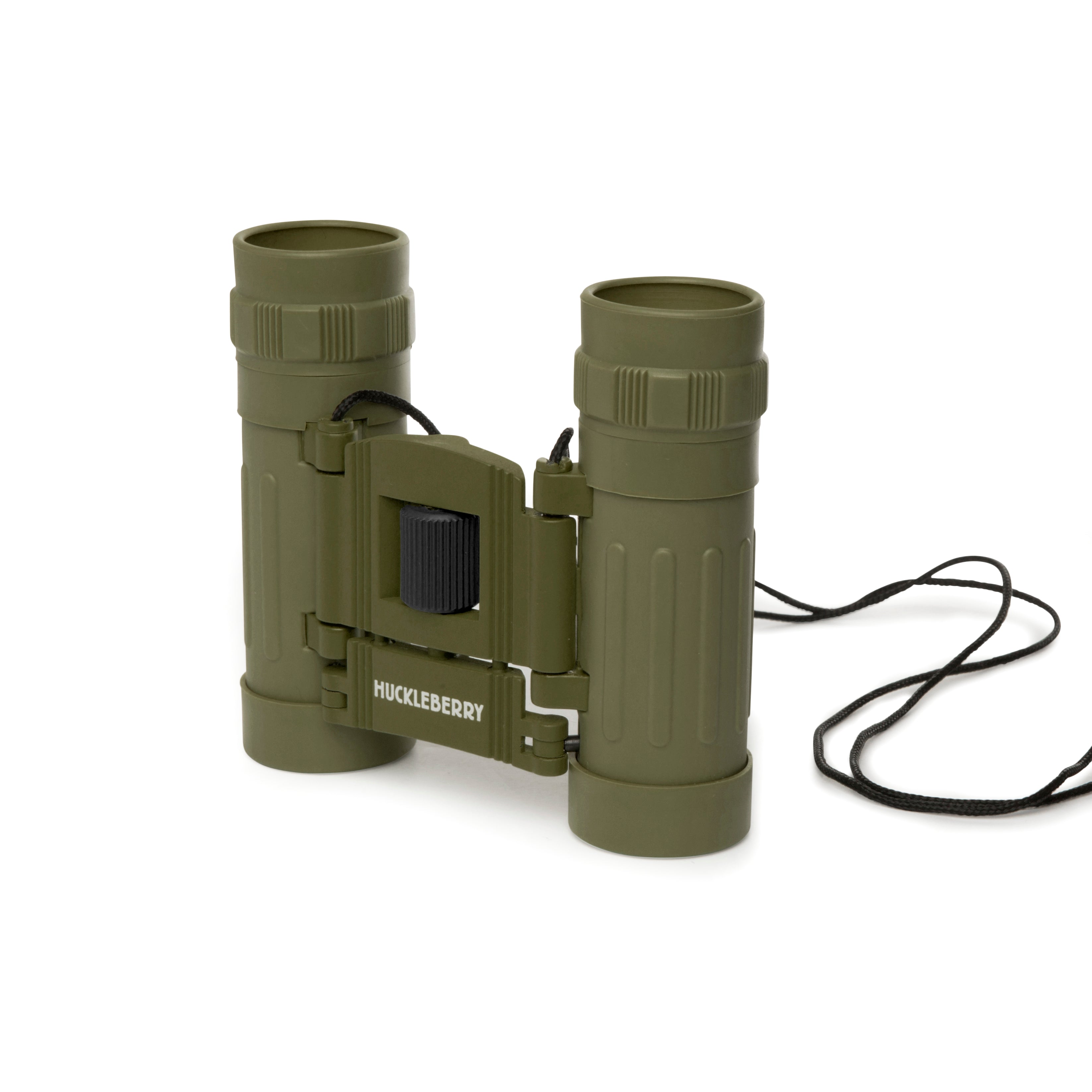 Olive binoculars with strap, bridge focus knob, and rugged body