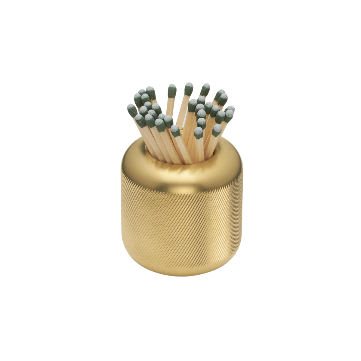 Brass match striker holder with ribbed cylinder and wooden matches with green heads