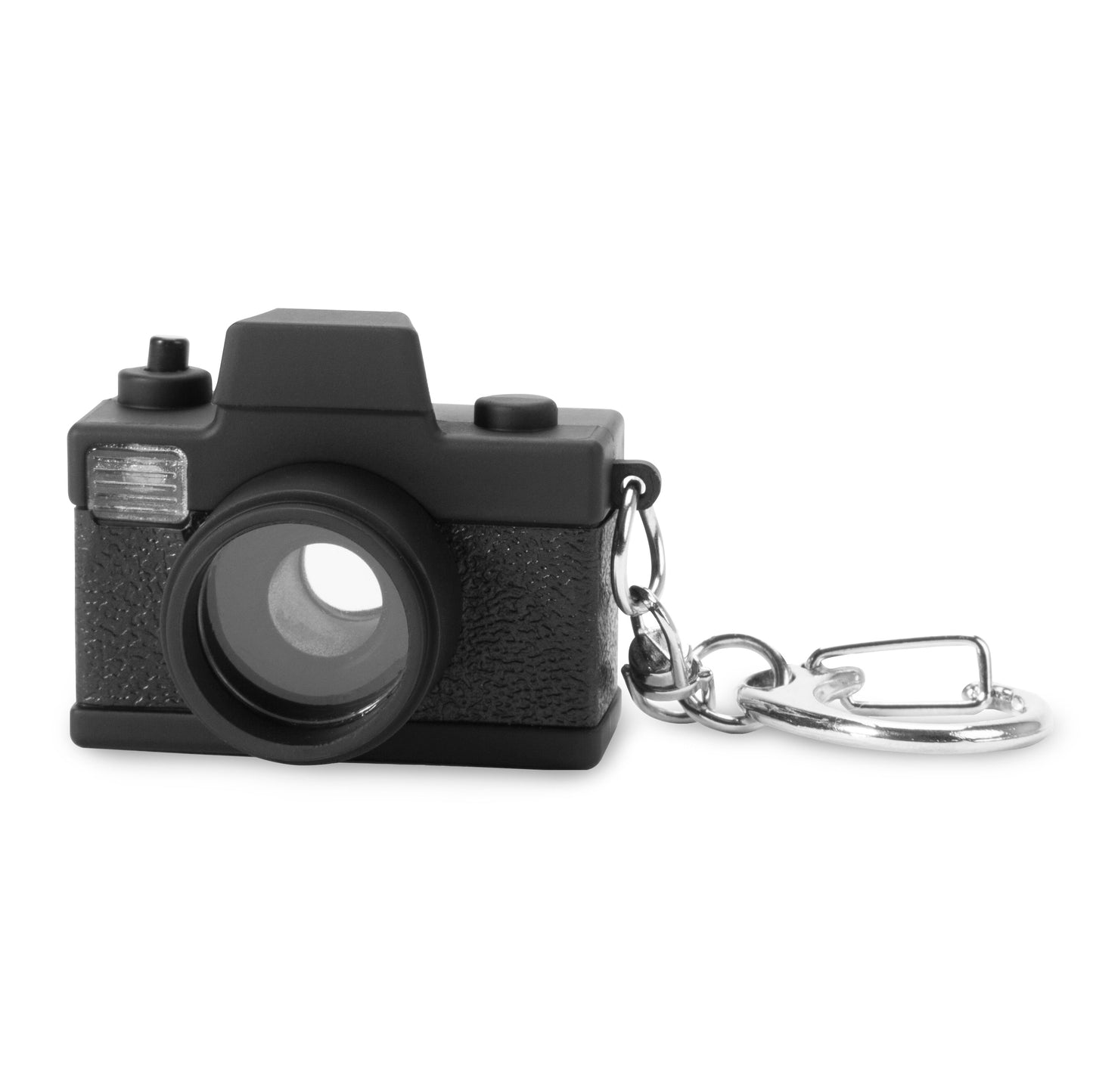 Black camera-shaped LED keychain with sound, metal chain and key ring