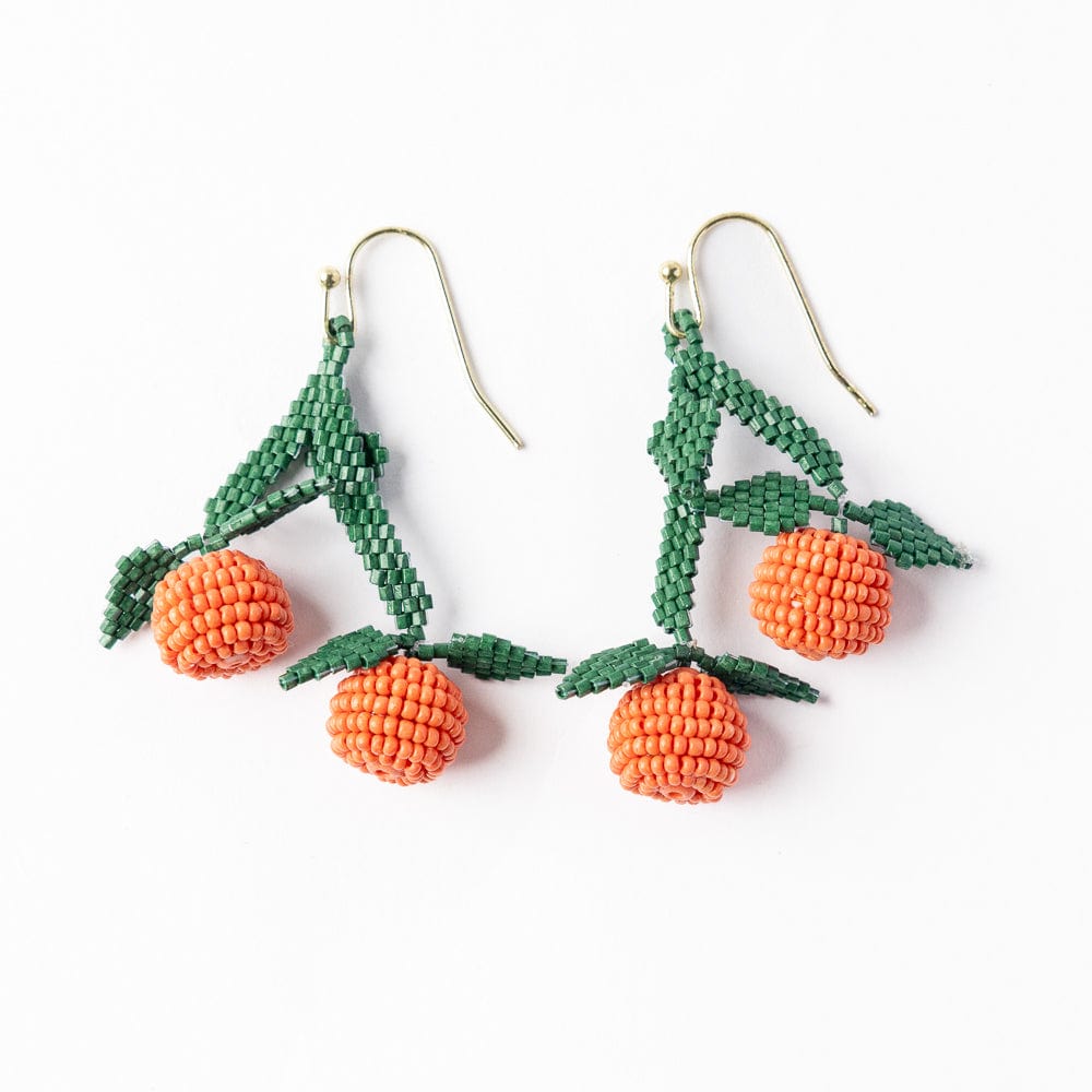 Beaded dangle earrings with green seed-bead clusters and three orange bead drops