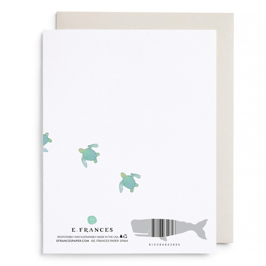 Greeting card back with turtle graphics, E. Frances info, barcode and whale silhouette