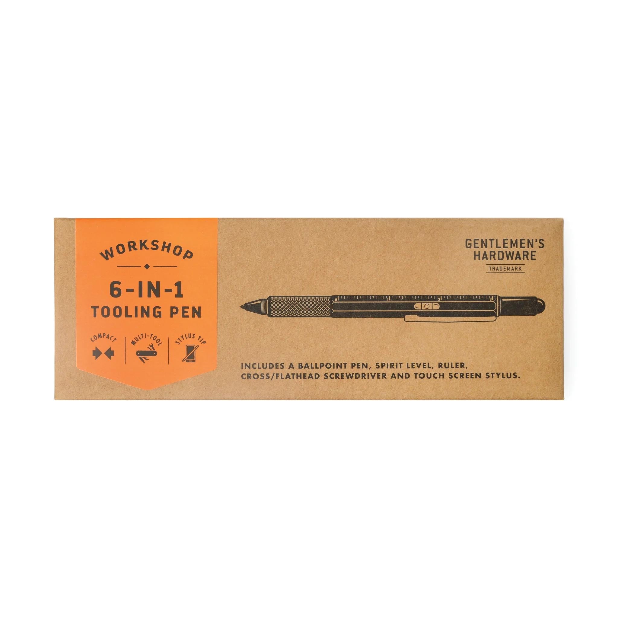 6-in-1 black tooling pen shown on kraft cardboard retail box packaging
