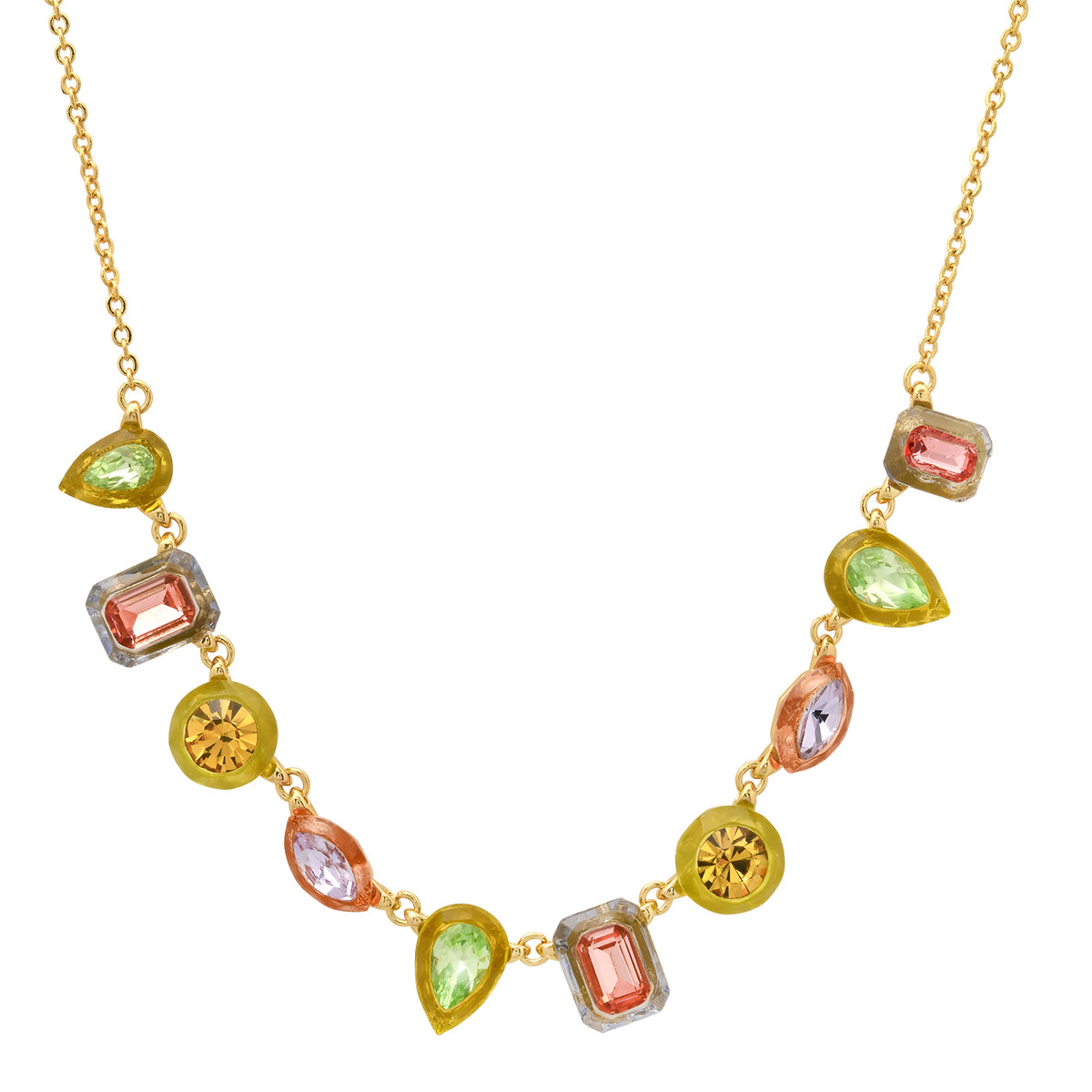 Gold-tone pendant necklace with mixed-shape bezel stones: green, red, and yellow beads.