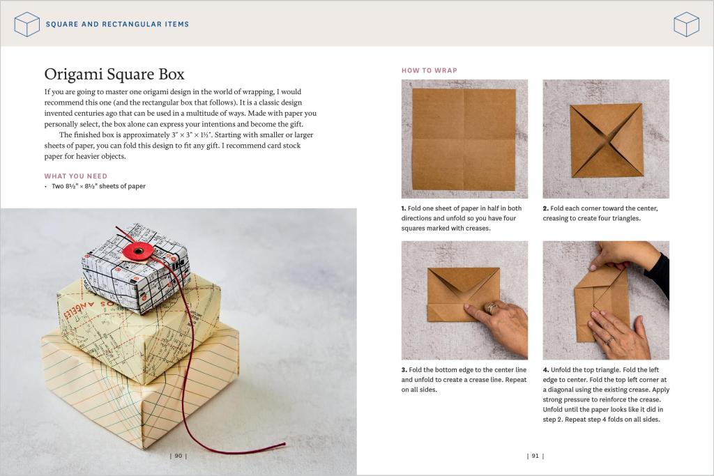 Open book page with origami square box instructions and folded paper box diagrams