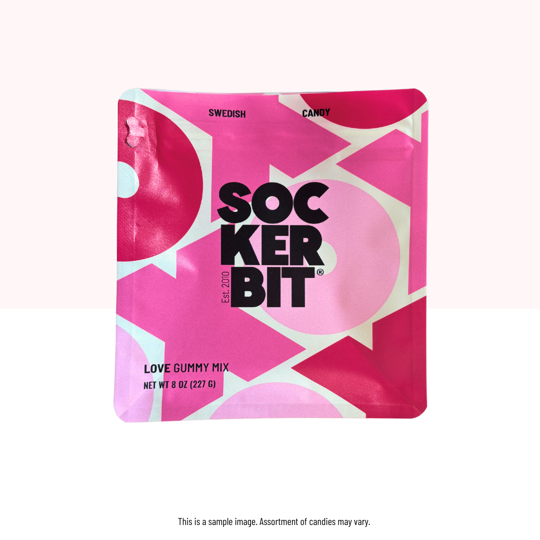 Swedish candy gummy mix pouch in pink and magenta with SocKerBit branding
