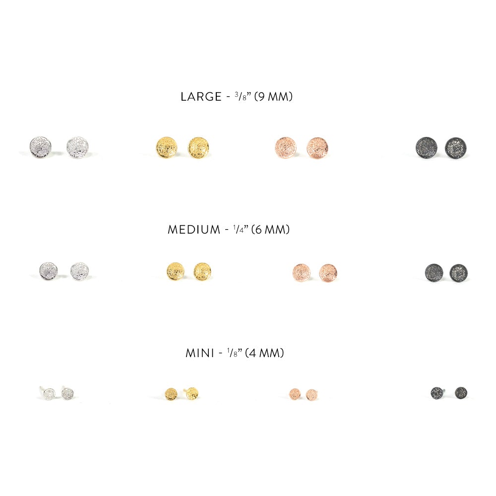 Medium 1/4 in sterling silver diamond-dusted dot stud earrings, round speckled discs
